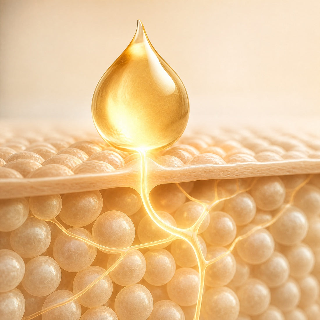 A drop of YouthLift serum absorbing into the layers of the skin