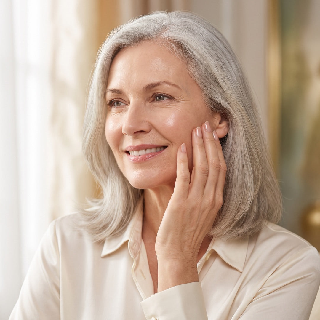 Confident woman with radiant, youthful-looking skin and hands after using YouthLift